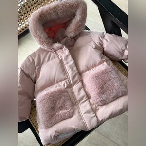 Zara Pink Puffer Coat with Faux Fur Trim 12-18 mo